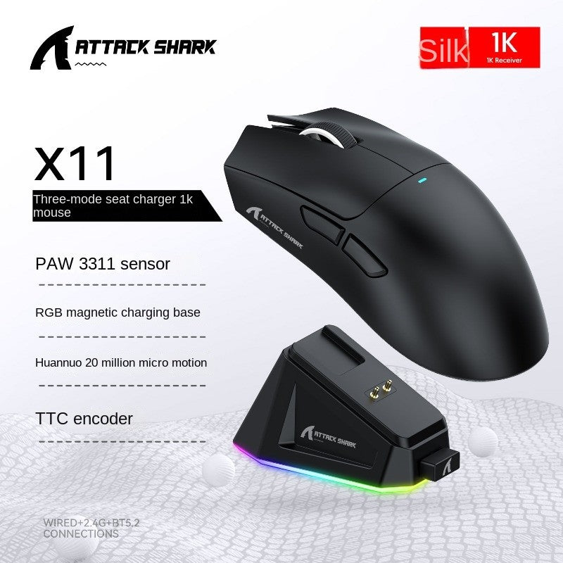 Mouse Gamer Attack Shark X11 Sem Fio Bluetooth Triplo Modo, Tela Sensível ao Toque, Base de Carregamento Magnético, Ultraleve, com Macro