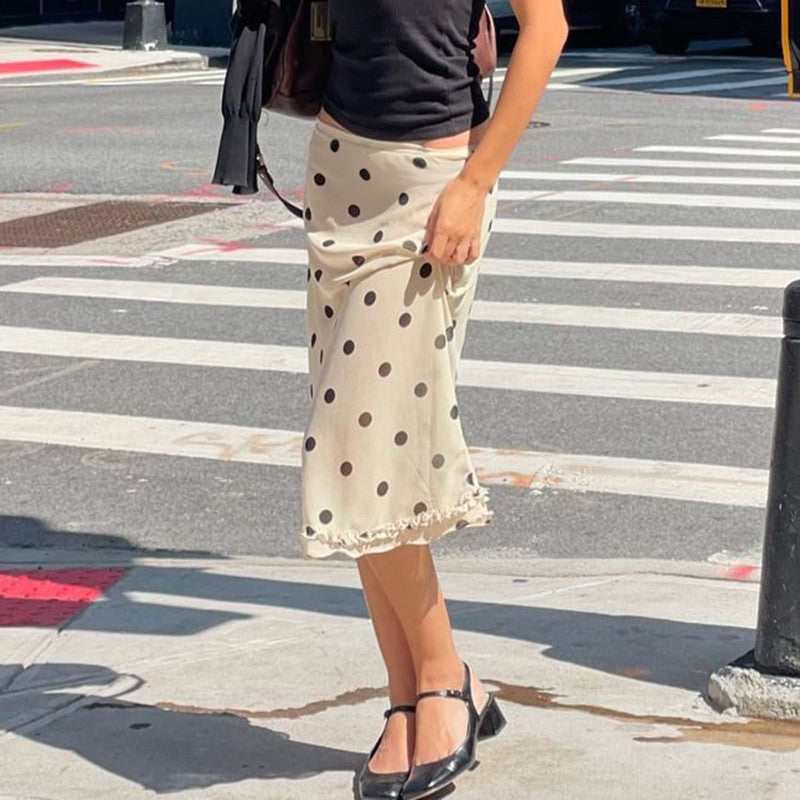 BIIKPIIK Casual Women Polka Dot Skirts Lettuce Trim Beige Elegant Midi Skirts St