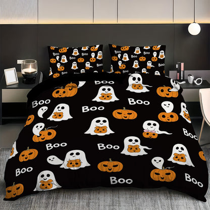 3 capas de edredom fofas de fantasma de Halloween, 1 capa de edredom + 2 fronhas, sem enchimento. Conjunto de cama macio e confortável, lavável à máquina