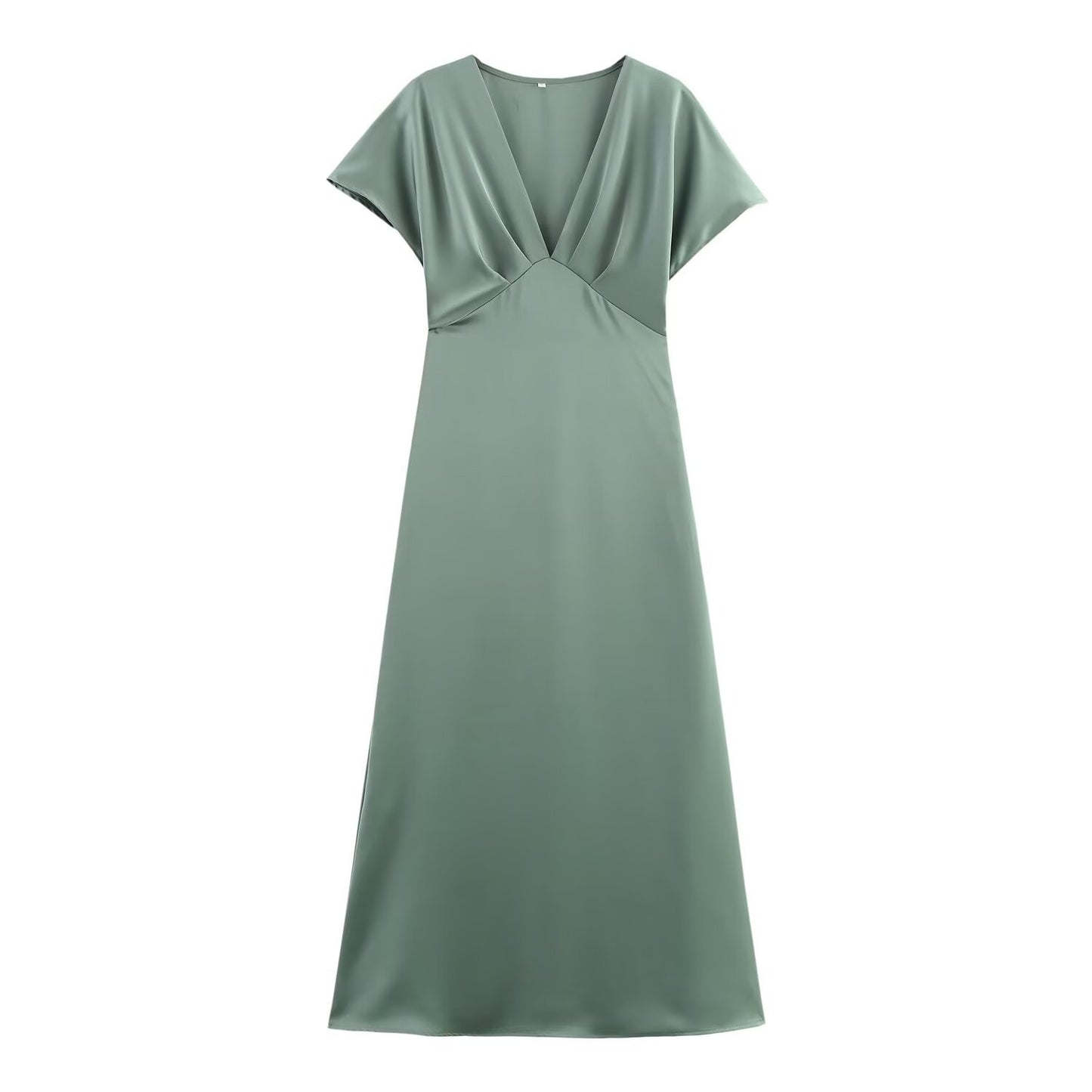 TRAFZA Women Elegant Solid Satin Dress Sexy V Neck Short Sleeve Midi Dress 2025