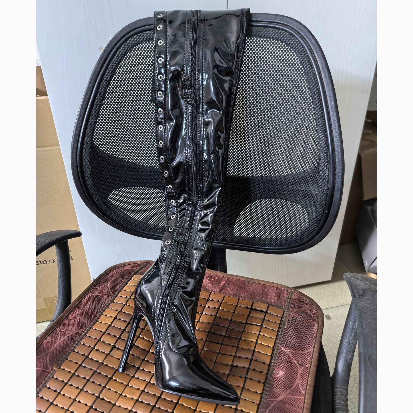 13CM Thin Heel Black Lace-up Over the knee Boots Woman Fetish Pointy Toe Boots Elastic Leather Thigh High Sexy Women Party Shoes