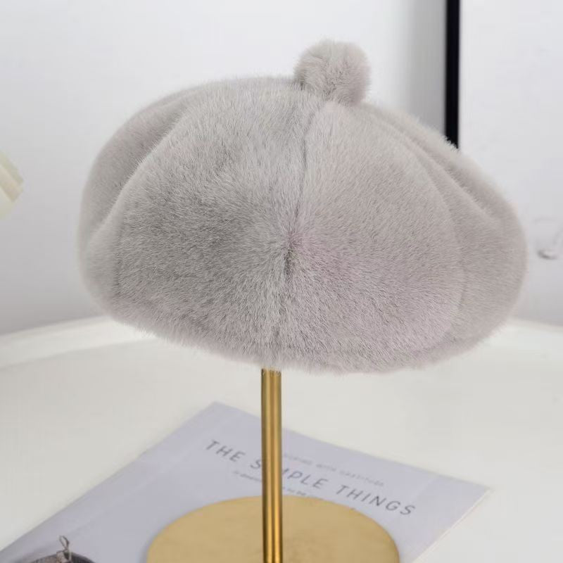 Sweet Faux Rabbit Fur Beret Hat Women Autumn Winter Thicken Keep Warm Furry Flush Artist Flat Cap Solid Color Painter Hats