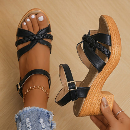 Women's Braided High Heels Sandals 2024 Summer Chunky Platform Gladiator Sandals Woman Ankle Straps Vacation Casual Beach Shoes
