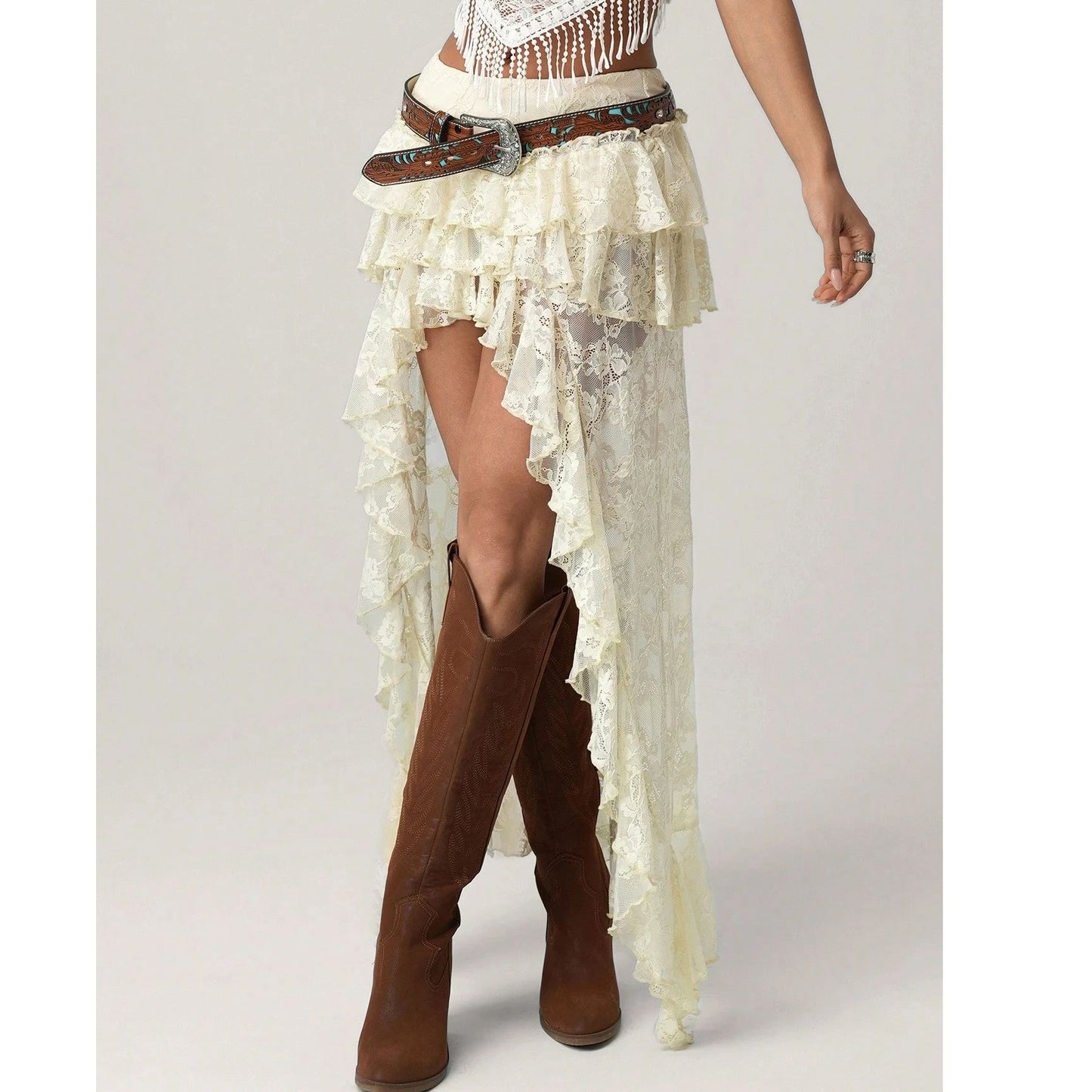 Bohemian Lace Embroidery Women's Soild Color Skirts Asymmetrical Tierred Premium See Through Long Skirts