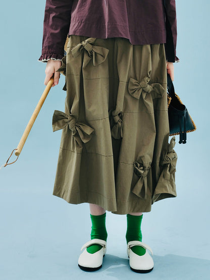 imakokoni 2025 Early Autumn Artistic Washed Braided Bow Half-Dress Casual Retro Women's A-Line Skirt255188