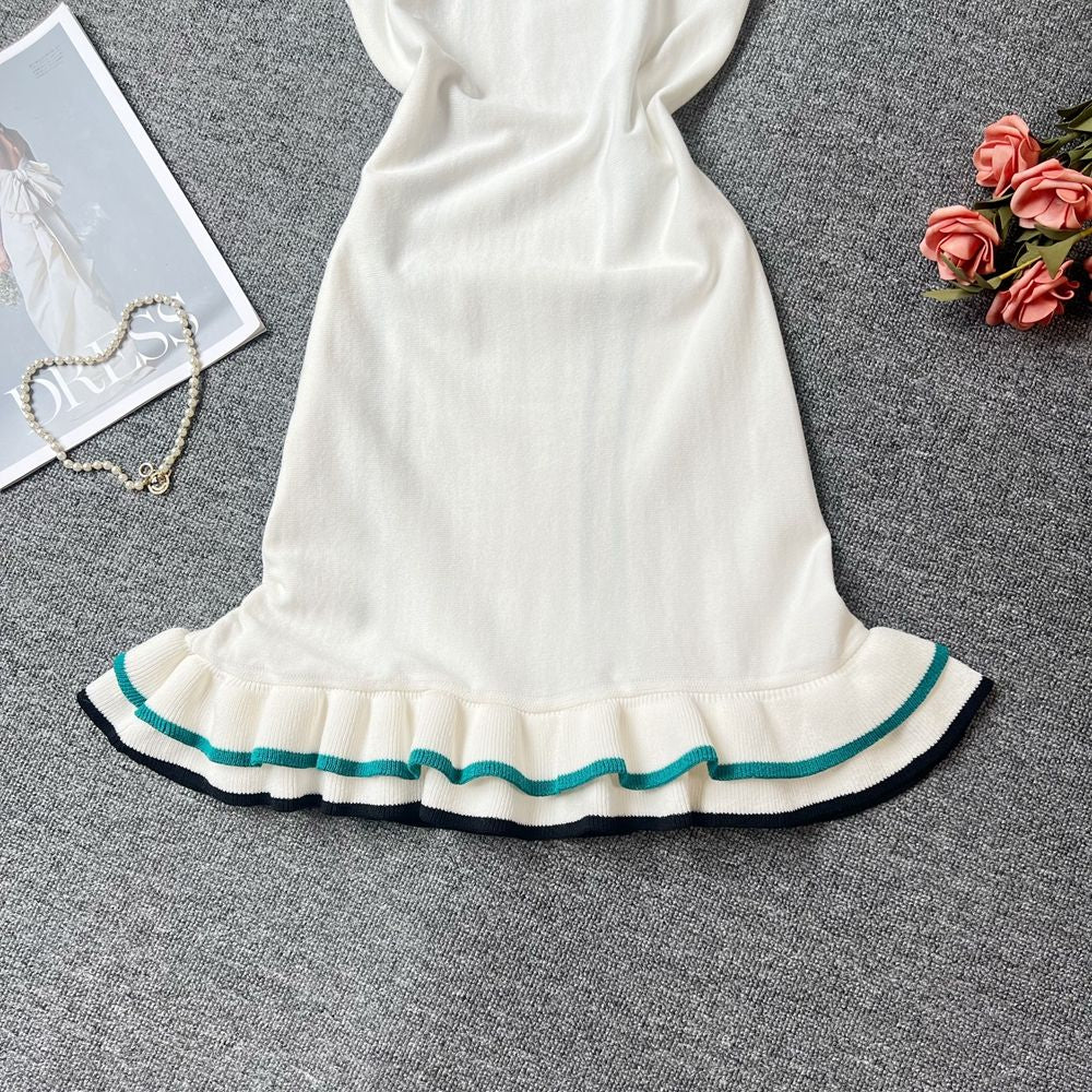 YuooMuoo Women Dress 2025 Summer Vintage Turn-down Collar Knitted Mini Dress Lad