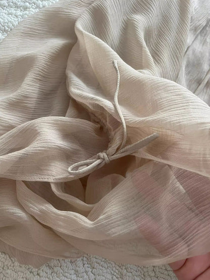 Ladies 100% Silk Elegant Set Pure Color Drawstring Long Sleeve Round Neck Shirt + A-Line Elastic Waist Maxi Skirt Holiday Suits