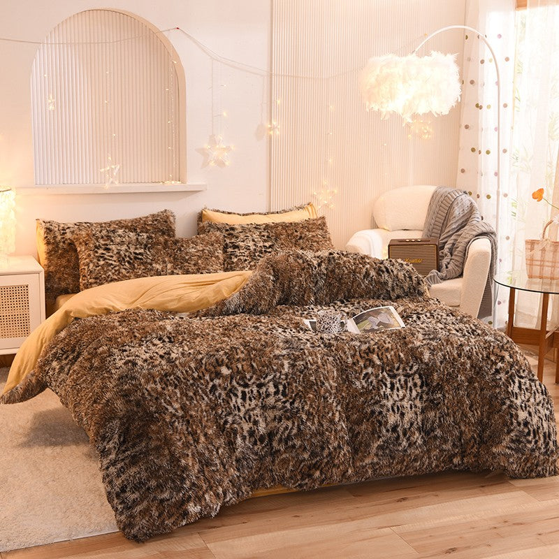 3pcs Luxurious Leopard Print Faux Fur Plush Duvet Cover Set - Ultra-Soft, Warm, and Fluffy Shaggy Design with Zipper Closure - I
