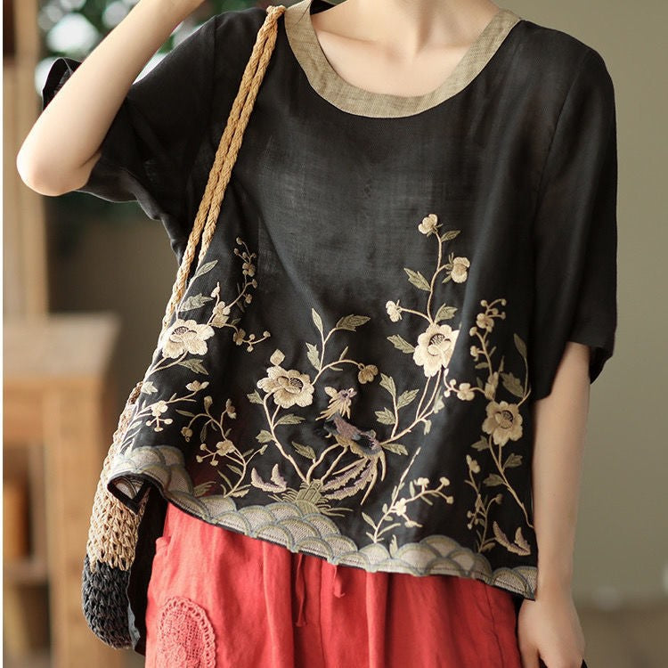 Cotton Linen Embroidered Floral Blouses Women's Chinese Classic Loose Shirt Top Casual Retro O Neck Short Sleeve Summer Shirts