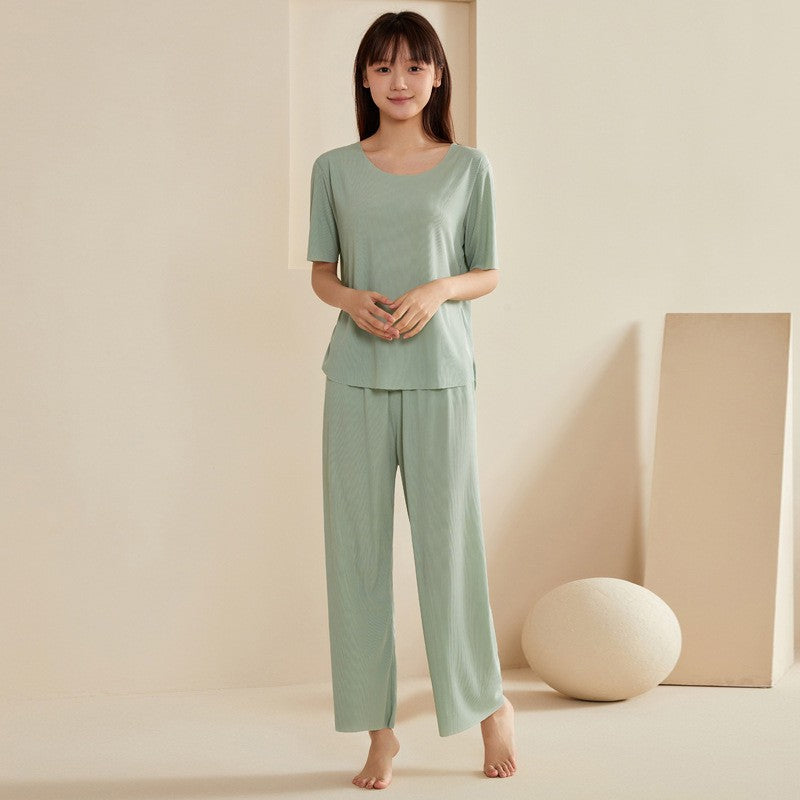 Super Thin Pajamas Suit Women Men Summer Ice Silk Cool Short-sleeved O-Neck Sleepwear Male Female Classic Simple Loungewear Suit