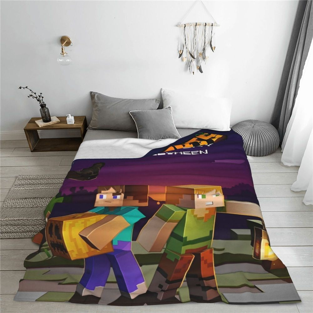 Cartoon Mines Pixel Game Crafts Flannel Blanket Super Warm Throw Blanket for Home Decor Decorative Street Trend Bedspread