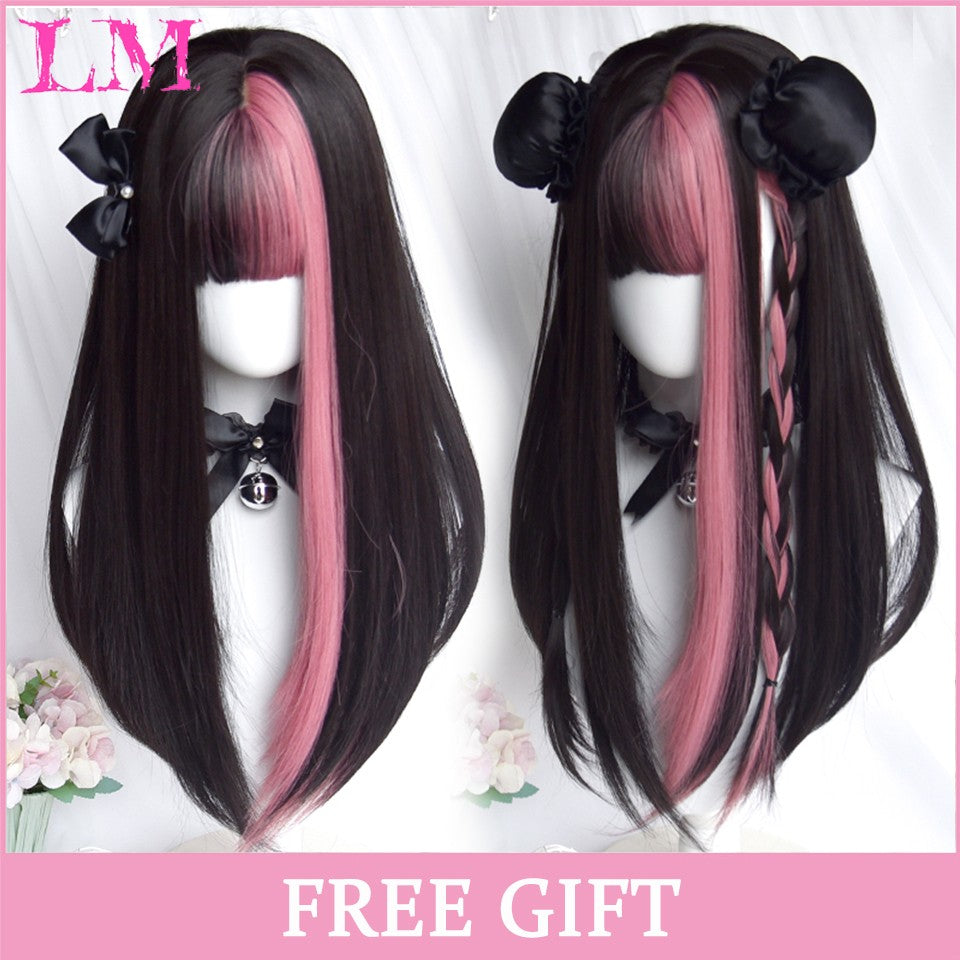 LM Medium Length Pink Cosplay Wig Heat Resistant Costume Party Synthetic Wigs 2 Clip On Ponytail 7 Colors