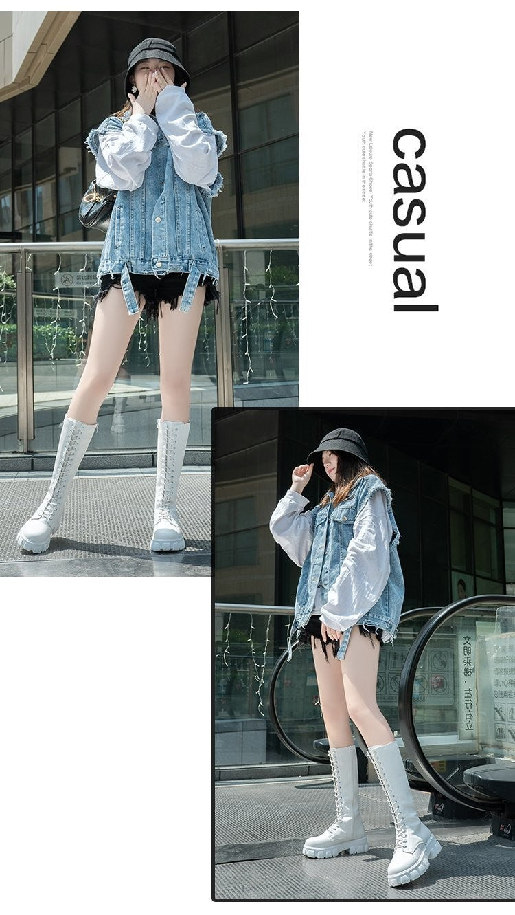 LazySeal Winter Long Boot Shoes Women White Lace Up Zip Height Increasing Pu Leather Shoes Plush Botas Mujer Big Size 43