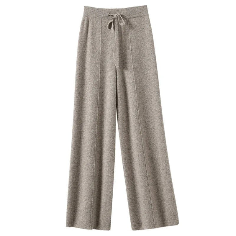 High Waist Wide Leg Pants Mid-Seam Knitted Trousers Drawstring Waist Belted Floor-Length Pure Color Versatile Autumn Winter Casu