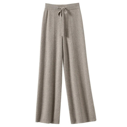 High Waist Wide Leg Pants Mid-Seam Knitted Trousers Drawstring Waist Belted Floor-Length Pure Color Versatile Autumn Winter Casu