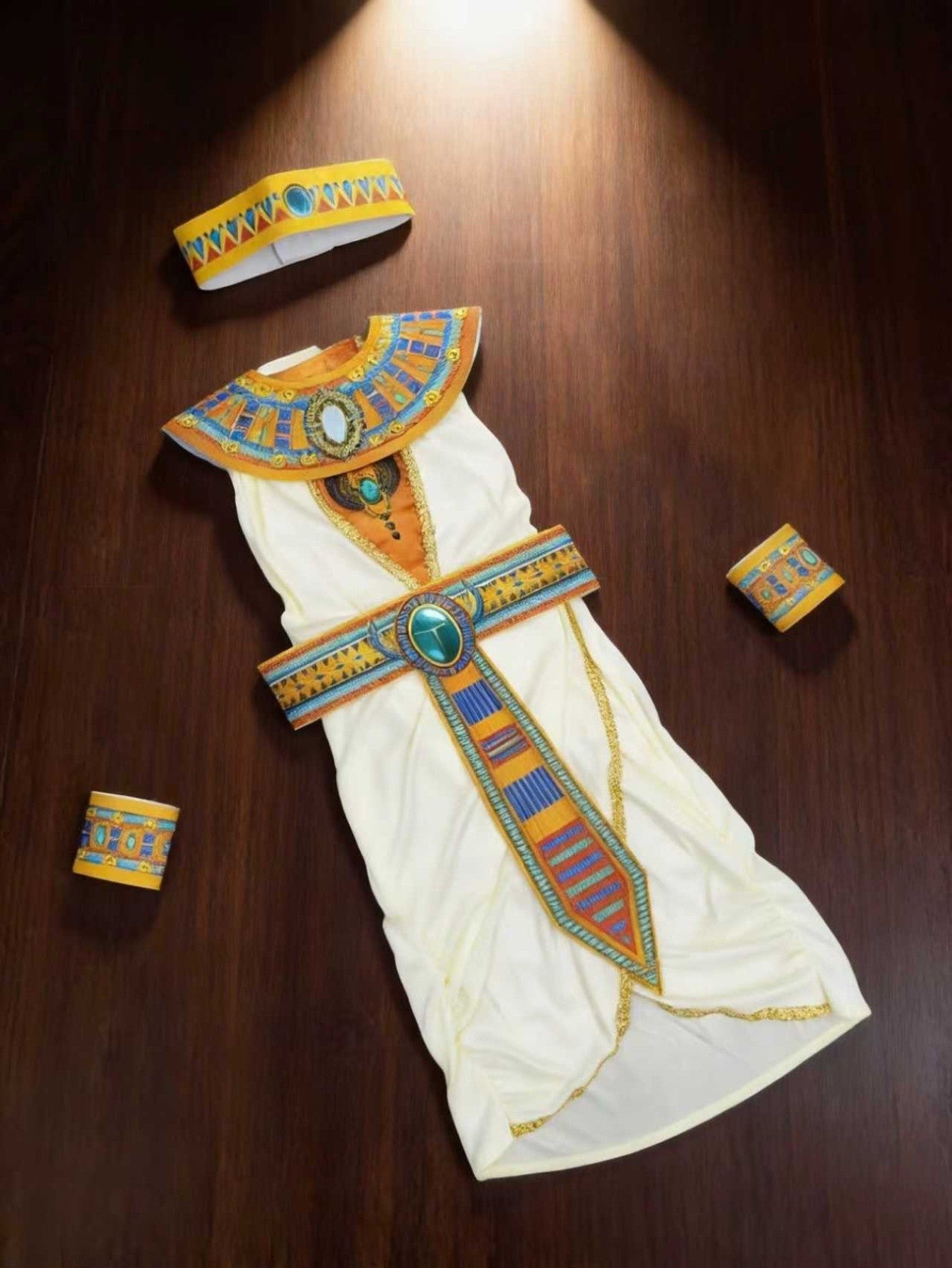 Girls Egyptian Costume Dress with Accessories, White and Gold Themed Outfit for Halloween Party