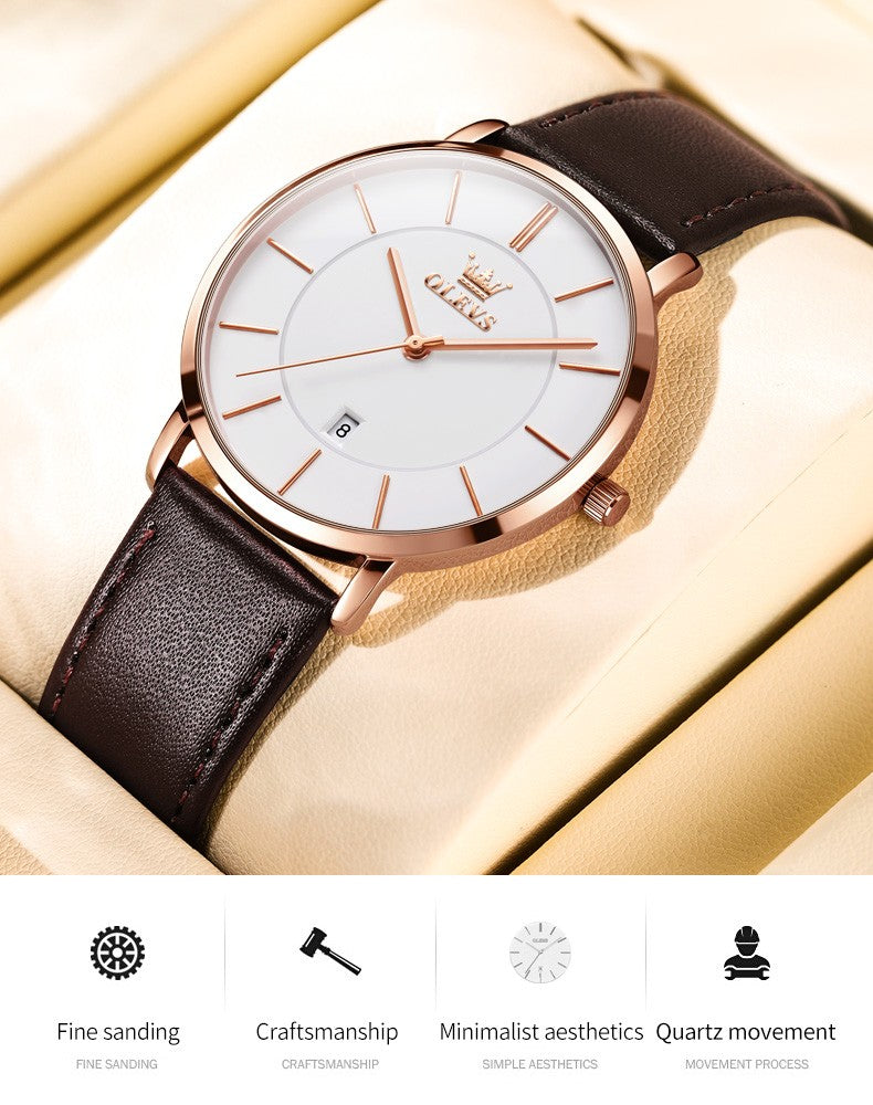 OLEVS 5869 Watch Man Casual Fashion Original Quartz Watch Waterproof Luminous Leather Strap Watches For Men Thin Watch Dial