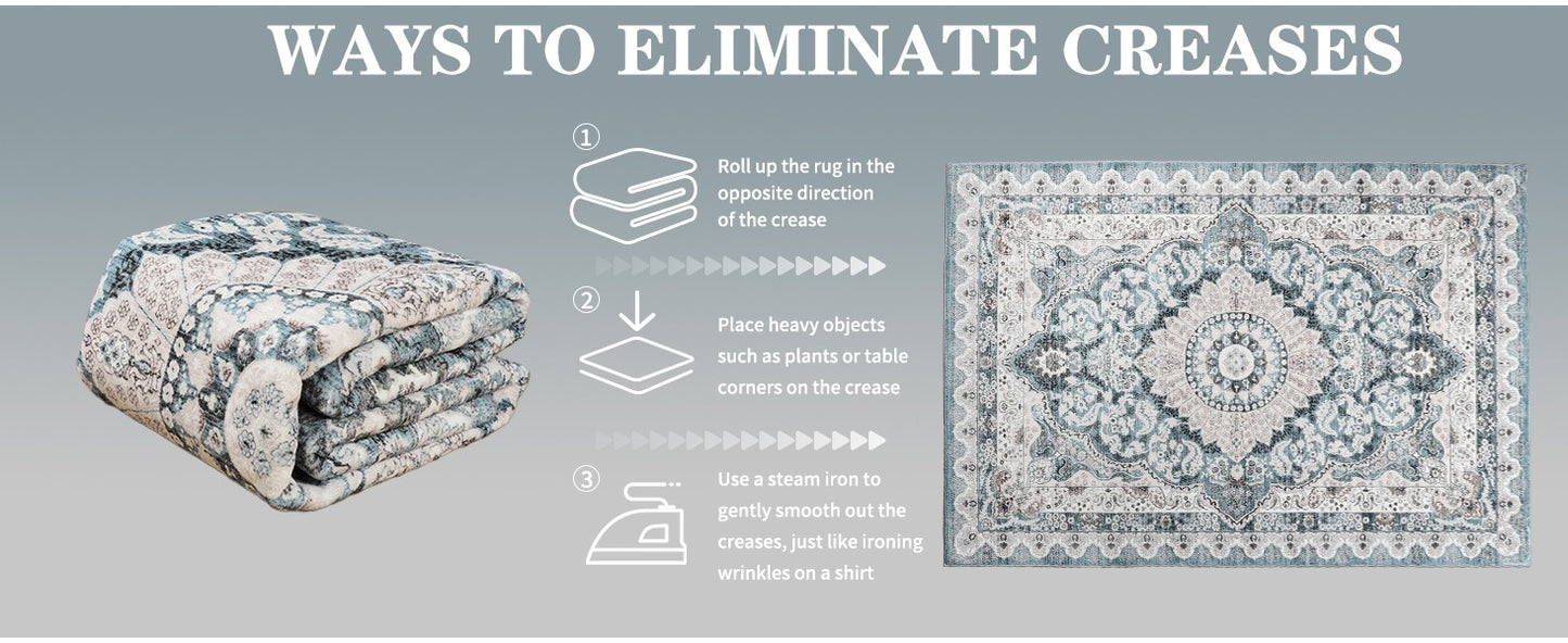 Area Rugs for Living Room, Machine Washable Vintage Rug, Non-Slip Low Pile Throw Rugs with Rubber Backing Washable Carpet