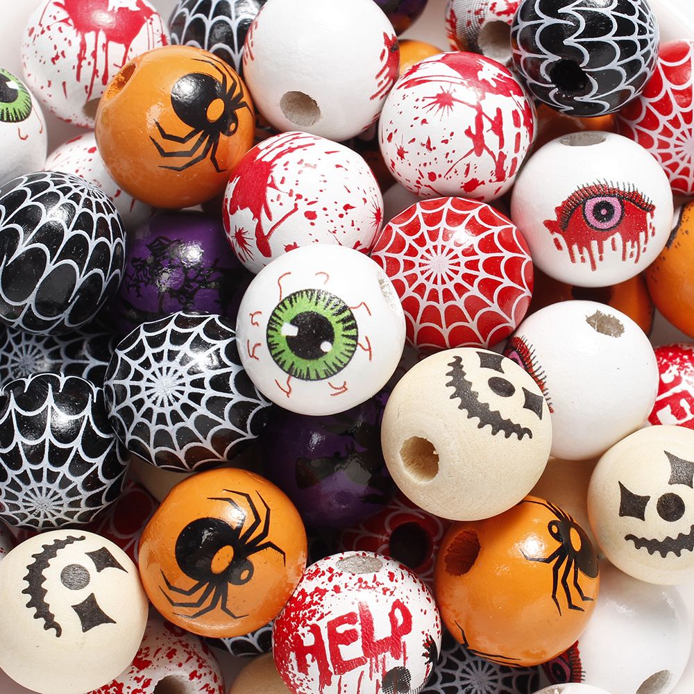 10pcs 16mm Wooden Spacer Beads Halloween Print Spider Eye Witch Bloodstain Ghost Face Mask Beads For Making Bracelet Necklace