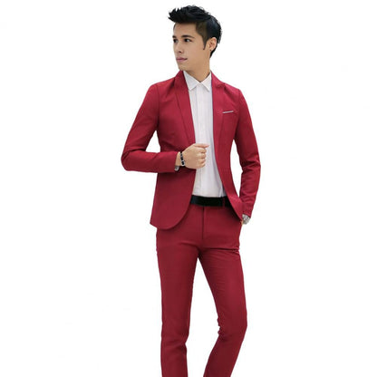 2Pcs/Set Men Slim Fit Suit Set Lapel Long Sleeve Single Button Suit Coat Mid-rise Long Pants Set Solid Color Business Outfit