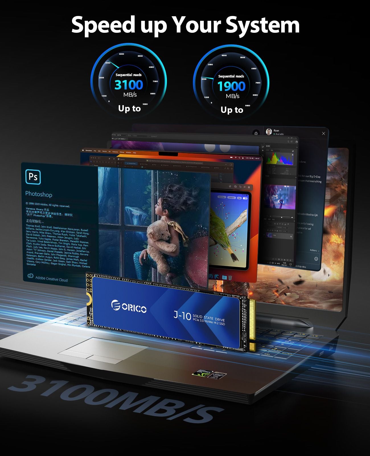 SSD NVMe PCIe 3.0 Gen3 x4 NVMe SSD 3500Mbps M.2 M Key 2280mm 1TB ORICO J10 com Colete de Resfriamento