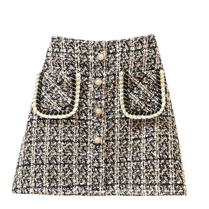 High Waist Single Breasted Women's Tweed Pencil Skirt With Pocket Autumn Winter Plaid Retro Woolen Short Skirts Female
