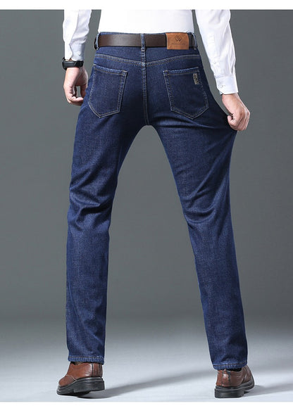 Men's Wool Velvet Jeans Winter Fleece Thickened Business Casual Straight Denim Pants Soft Cozy Thermal Stretch Trousers Male