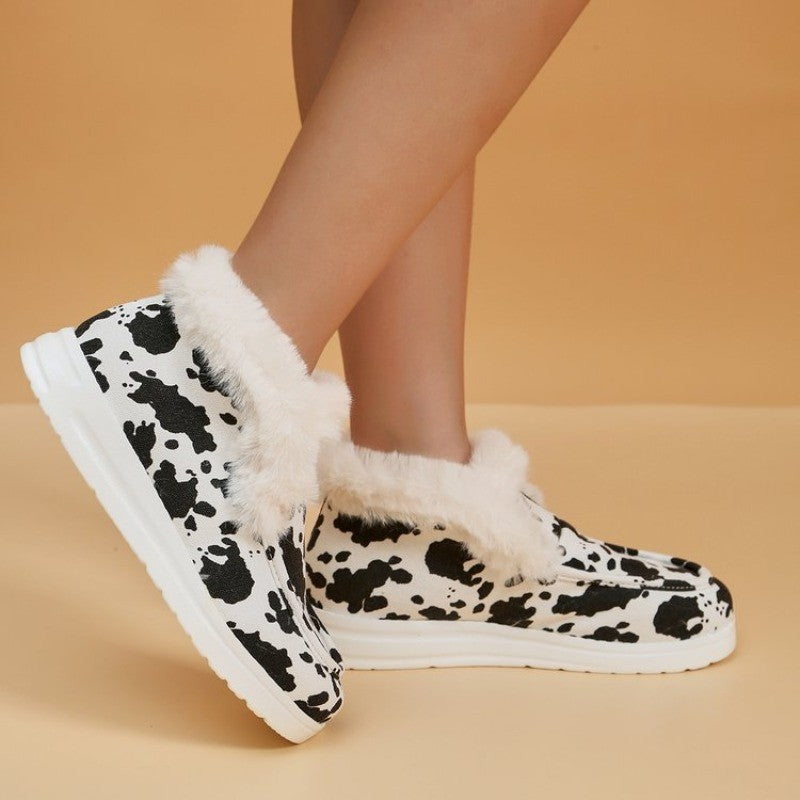 2025 Autumn Winter Women Fluffy Fur Snow Boots Women Leopard Print Flat Flat Heels Thicken Plush Cotton Padded Shoes Woman Warm
