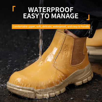 Sapatos de Segurança Impermeáveis Masculinos com Biqueira de Aço Botas de Couro Calçado Masculino Sapatos de Trabalho Indestrutíveis para Construção Marrom