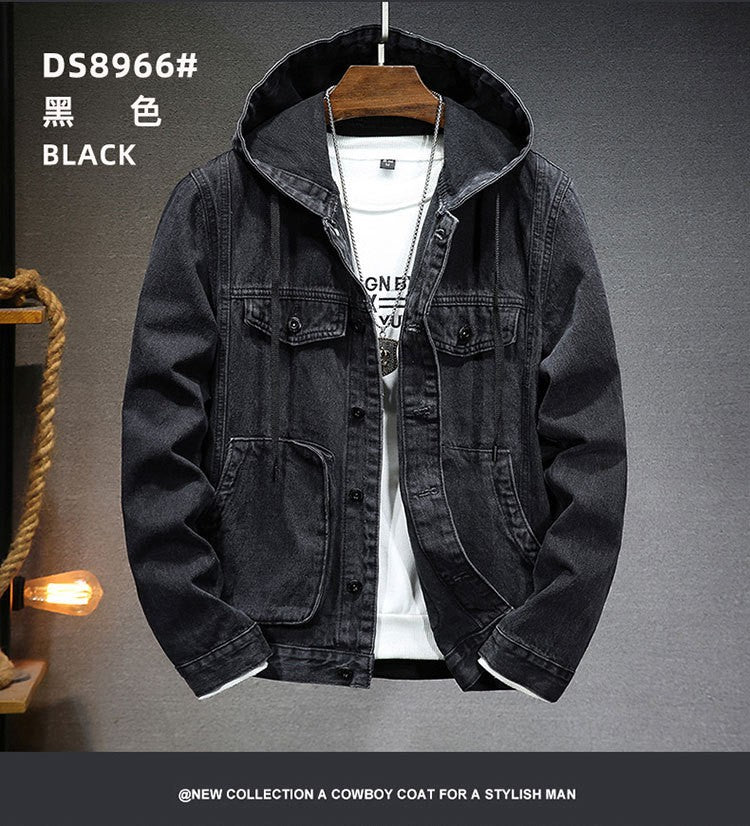 Men Denim Jackets Coats Button Coat Hooded Jacket Full Sleeve Casual Splice Regular Open Stitch Pockets Solid Spring 2025