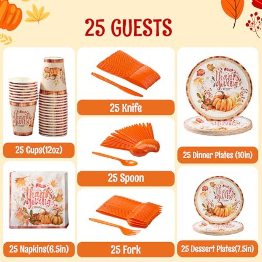 175 PCS Thanksgiving Disposable Paper Plates Paper Gold Disposable Dinnerware Set for Fall Harvest Thanksgiving Parties Ideal f