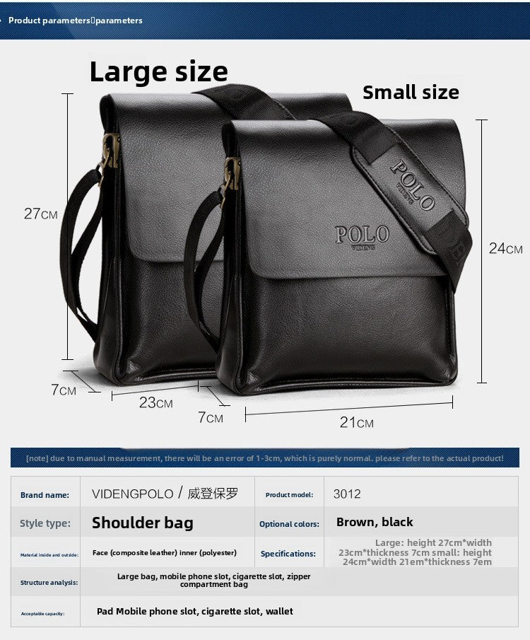 New Men's Bag, Business Shoulder Bag, Wear-resistant Waterproof PU Leather 10 Inch Capacity Men's Briefcase POLO Casual Bag
