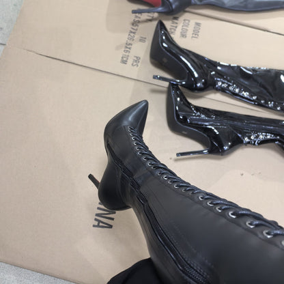 13CM Thin Heel Black Lace-up Over the knee Boots Woman Fetish Pointy Toe Boots Elastic Leather Thigh High Sexy Women Party Shoes