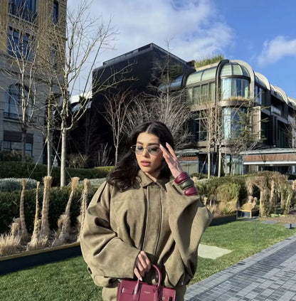 Fall Winter Pilot Jacket Batwing Sleeve Zipper Loose Fleece Outerwear Casual Top for Women Comfortable Soft Fabric Coat