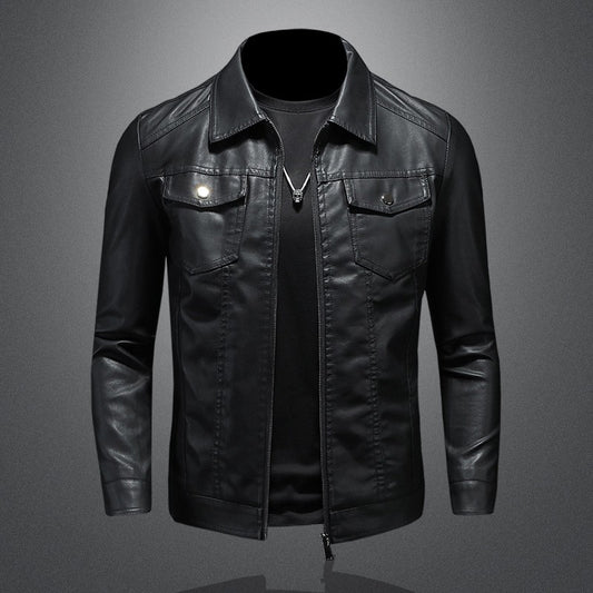 Men's Lapel Leather Jacket Autumn Oversized Slim Motorcycle Riding Suit Winter Thickened PU Leather Waterproof Work Clothes