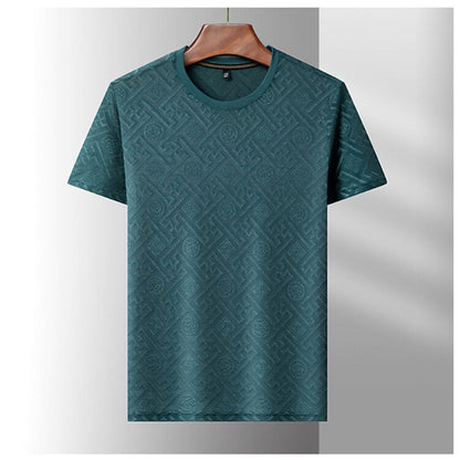 2024 Summer Ice Silk Men's Jacquard Short Sleeve T-shirt High end Brand Fashion Jacquard Cool Breathable Casual Round Neck Top