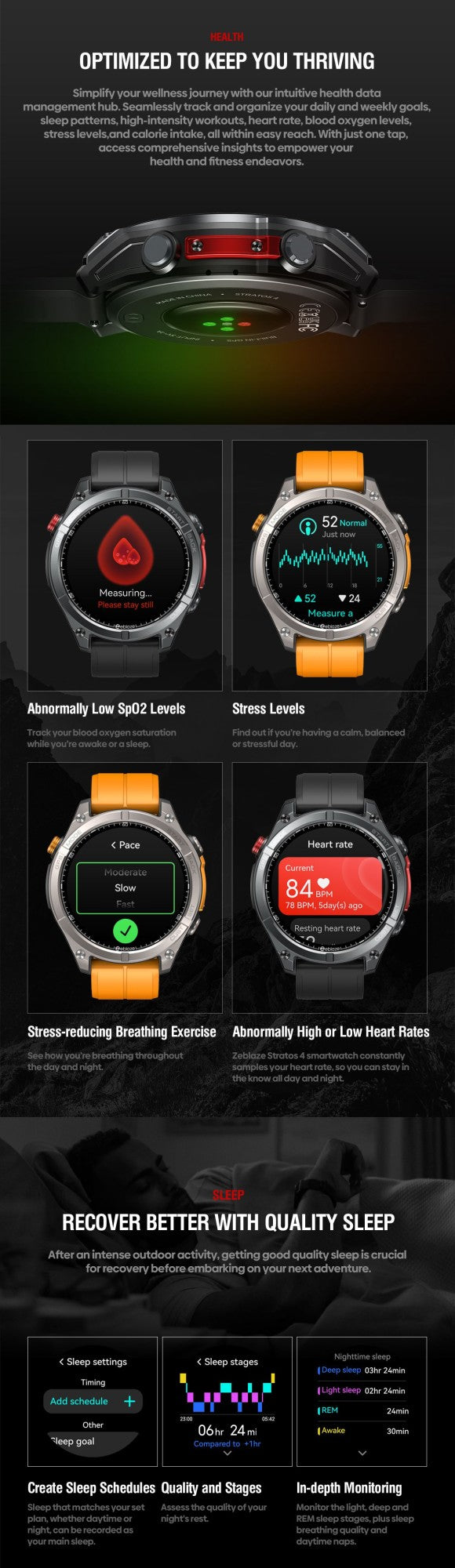 NOVO Smartwatch Zeblaze Stratos 4 GPS Tela AMOLED de 1.43 polegadas Bússola Integrada Altímetro Barométrico Lanterna Chamada de Voz
