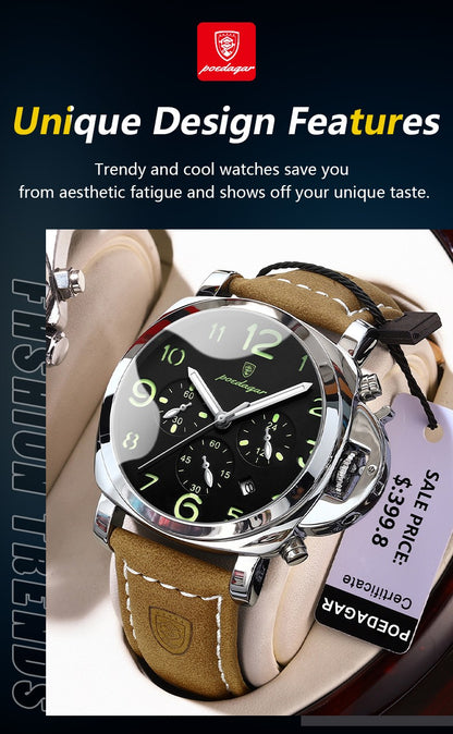 POEDAGAR Top Luxury Fashion Watch For Men Waterproof Luminous Chronograph Man Watch Leather Military Men's Quartz Watches Reloj