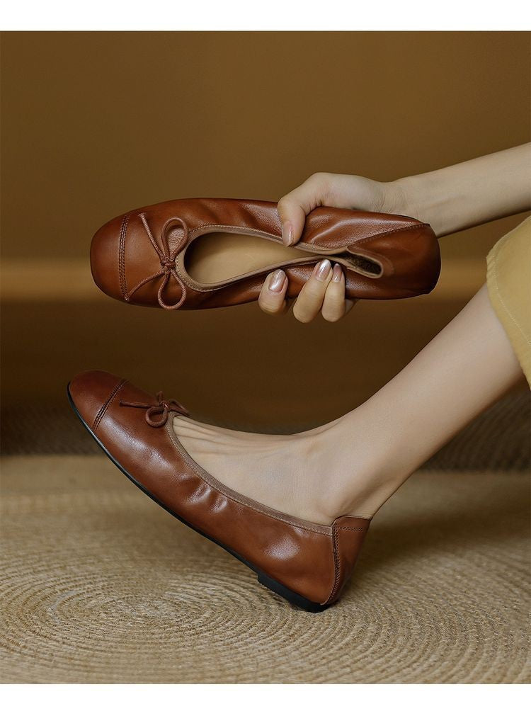 Mary Jane Women Loafers Hand Stitch Casual Streetwear Ballet Flats Soft Sole Solid Color Women Shoes Comfy Round Head Bow Shoes