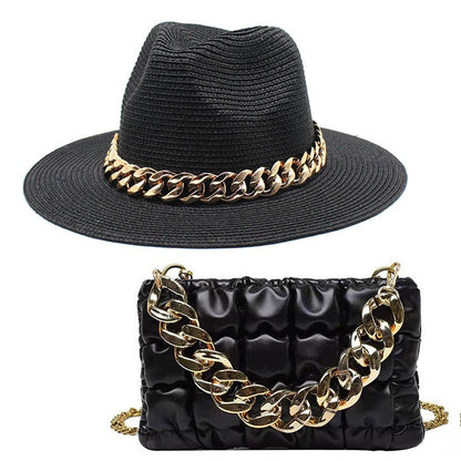 Set Straw Hat and Bag Set Gold Chain Bag Hat Set Ladies Leather Bag Tote Church Fedora Party Jazz Straw Hat