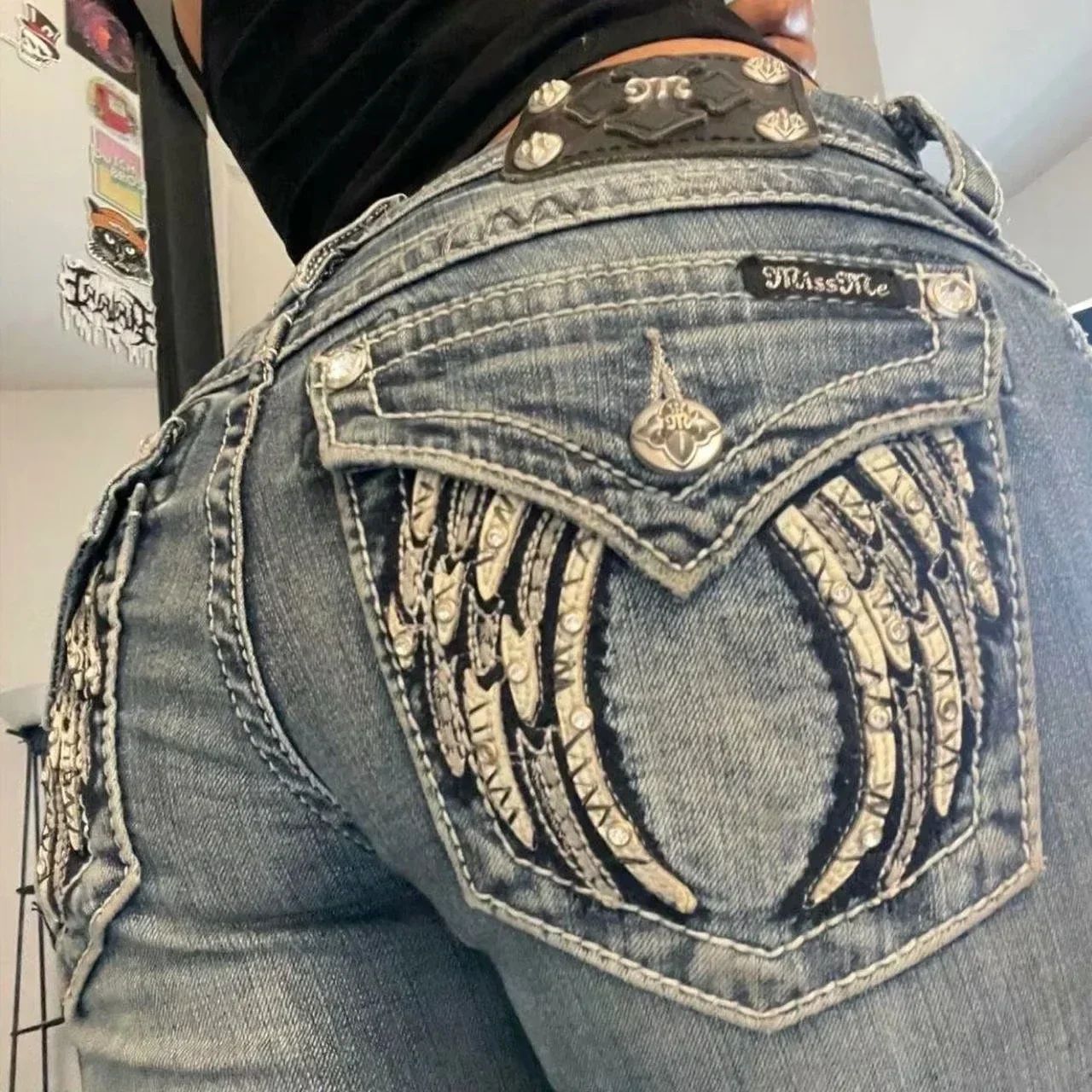 Retro Miss Me Boot Cut Jeans Female Y2K New Blue Jeans Embroidered Wing Pocket Hip Hop Harajuku Gothic Wide Pants Street Wear