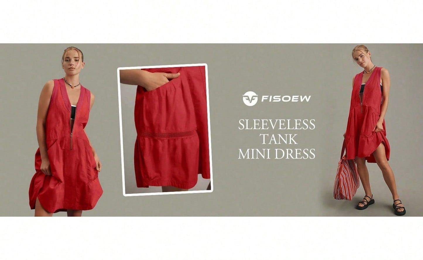 Fisoew Women's Sleeveless Mini Dress Half Zip V Neck Casual Mesh Back Summer Dress with Pockets sexy dress