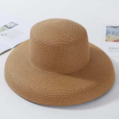 2023 New Summer Sun Hats Ladies Solid Plain Elegant Wide Brim Hat Female Round Top Panama Floppy Straw Beach Hat Women ????