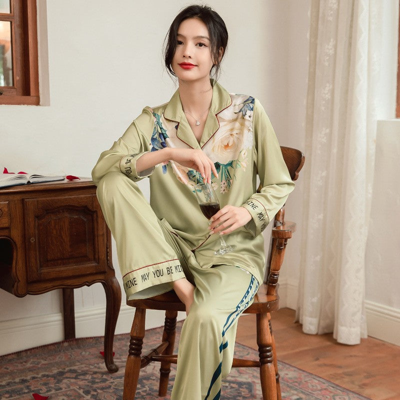 Lightweight Long-Sleeve Silk Pajamas Set for Young Girls French-Style Casual Homewear Nightwear Women's Comfortable Sleepwear