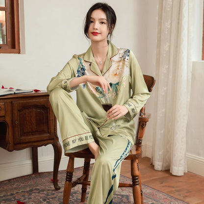 Lightweight Long-Sleeve Silk Pajamas Set for Young Girls French-Style Casual Homewear Nightwear Women's Comfortable Sleepwear