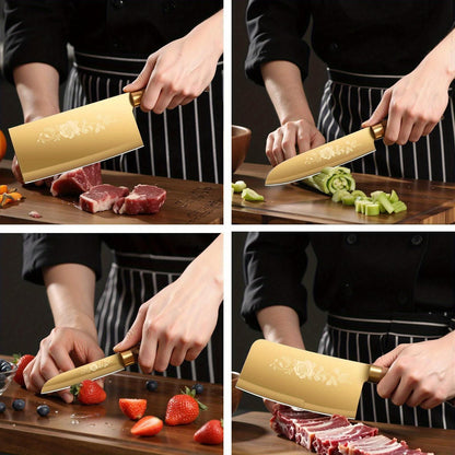 Conjunto de Facas de Cozinha Douradas de Luxo - Lâminas de Aço Inoxidável de 4 Peças com Revestimento de Titânio. Cabos Ergonômicos. Facas de Alta Performance