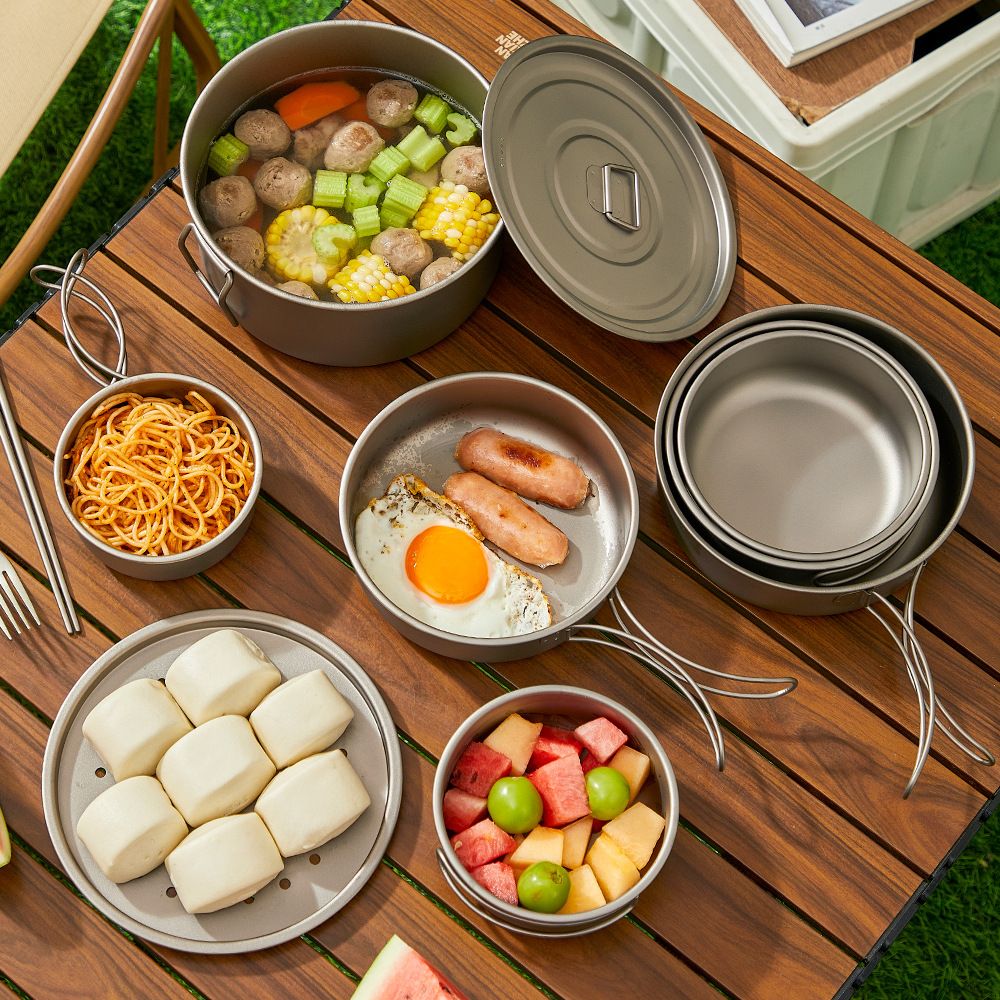 Titanium Outdoor Pot Set Picnic Camping Set Tableware Foldable Lightweight Portable Soup Pot Cooking Pot Set