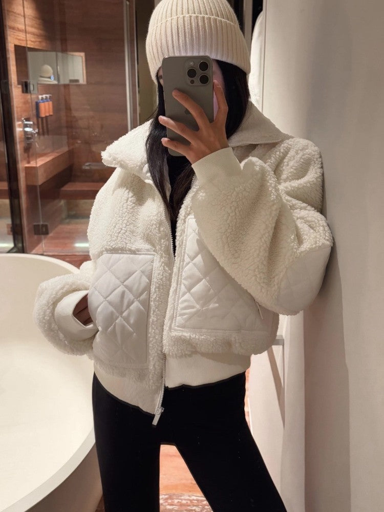 Loose Fit Long Sleeves Short Jacket High Street Zipper Winter Jacket Women Casual Fashion Warm Lamb Fleece Jackets for Women