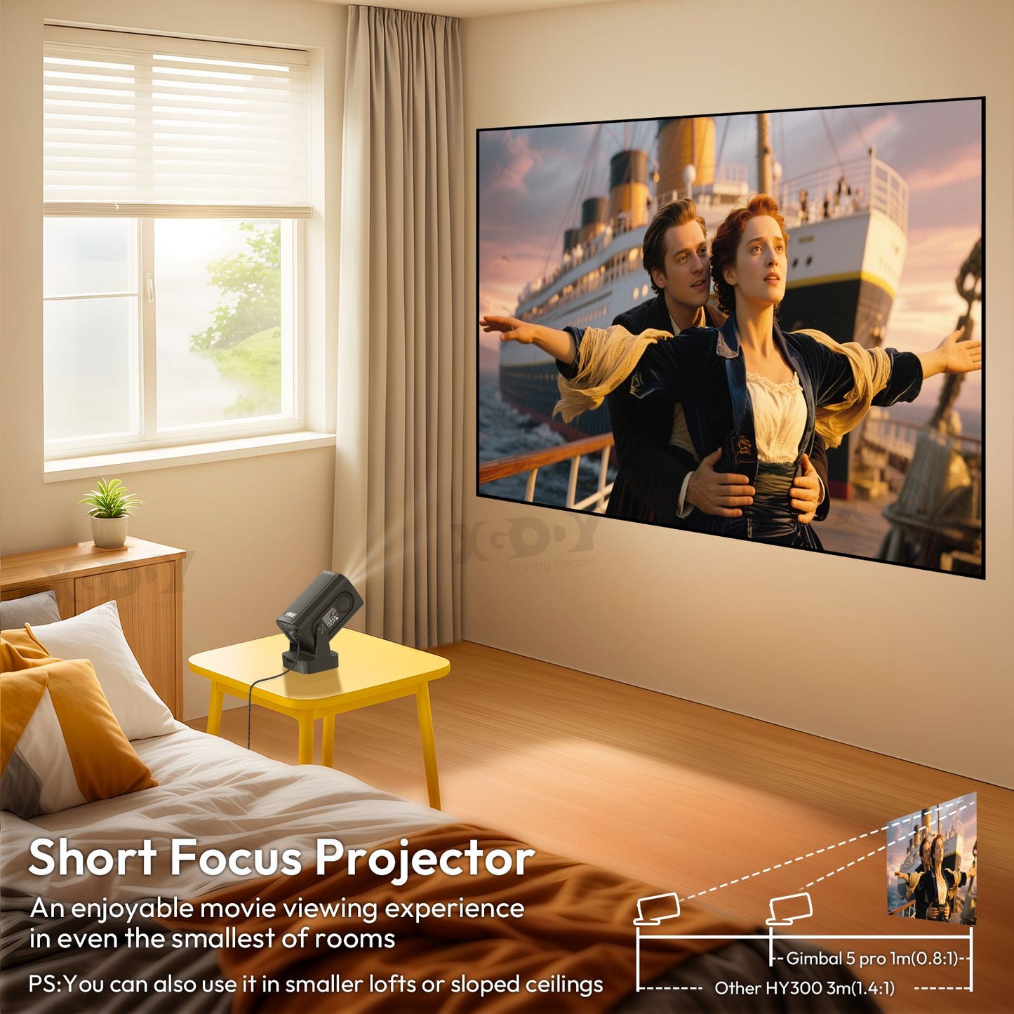 Projetor inteligente XGODY Gimbal5 PRO 4K HD 12000LMS com correção Keystone, nativo 1080p, Wi-Fi duplo, Bluetooth, Android e Home Theater