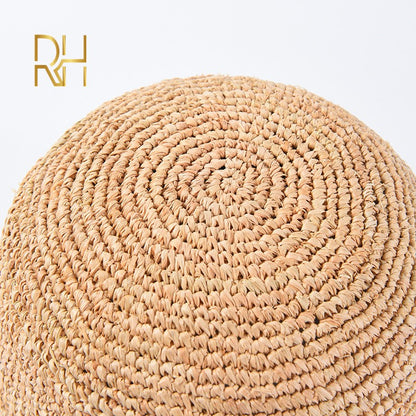 Chapéu de Balde de Crochê Feminino Feito à Mão de Palha de Ráfia Natural para Primavera Verão Praia Aba Larga Pescador